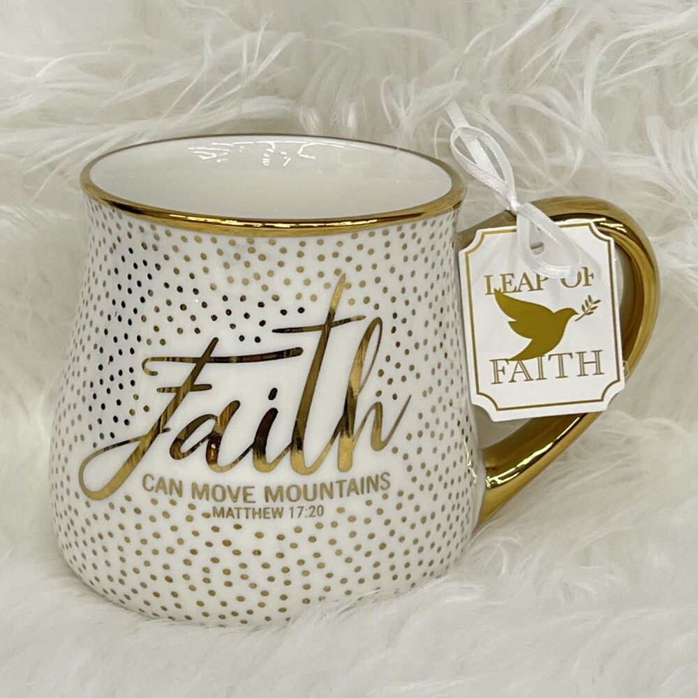 FAITH Can Move Mountains Ceramic Coffee Tea Mug 19 oz White and Gold Dotted
